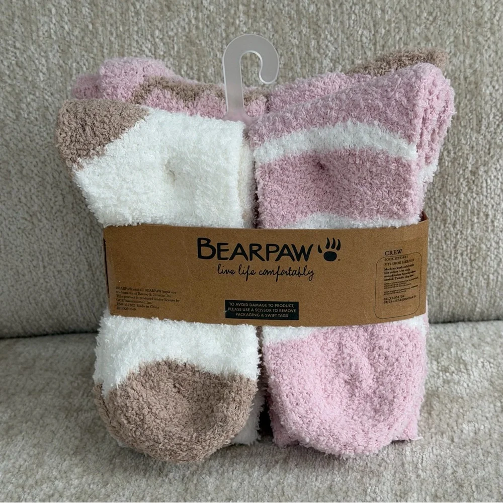 BearPaw Pink, Brown and White Zigzag Cozy Crew Socks, 4pk Sz 9-11